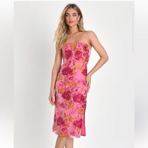 Lulus pink floral jacquard strapless bustier midi dress
